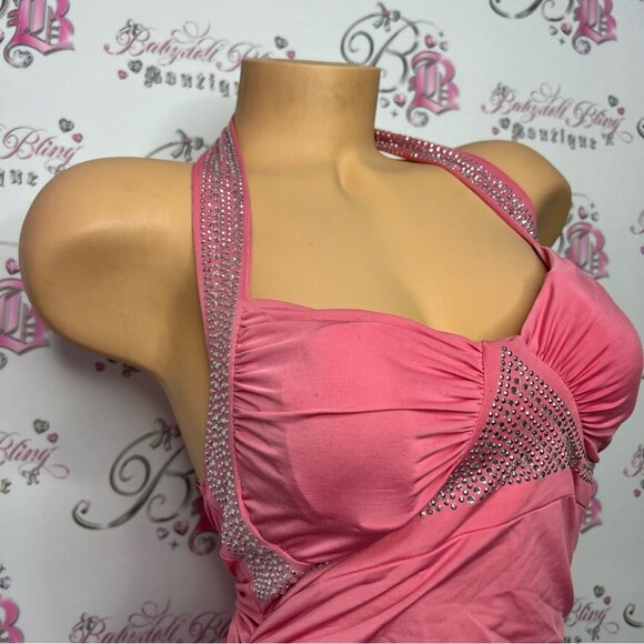 Bling dress sexy rutched sides bubblegum pink stretchy padded cups halter y2k - Picture 5 of 16
